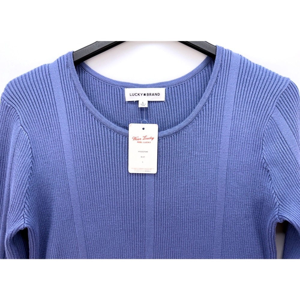 Lucky Brand Blue Ribbed Knit A Line Midi Dress Sz L Minimalist Costal Soft Girl - Picture 3 of 8